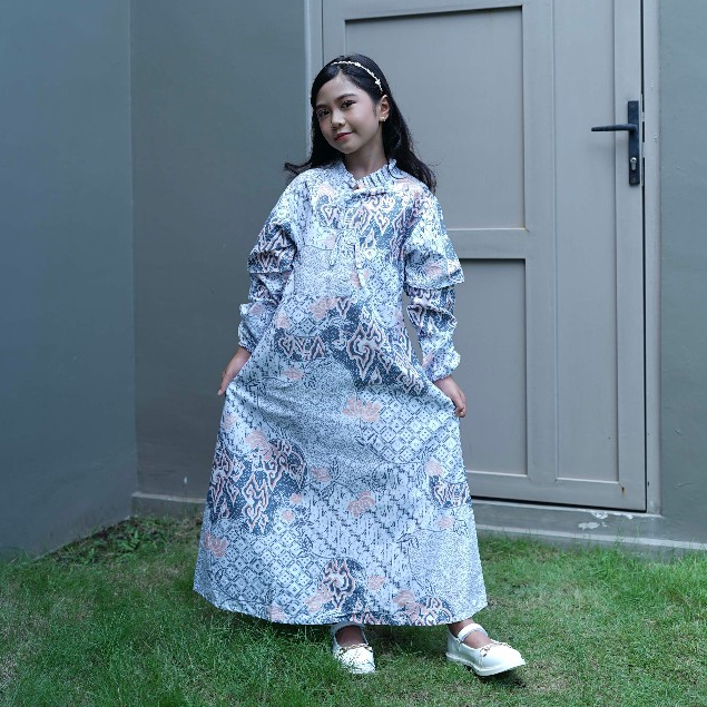 BATIK TRUSMI Gamis Batik Anak Perempuan Motif Batik Mega Mendung Kombinasi Pastel BNA