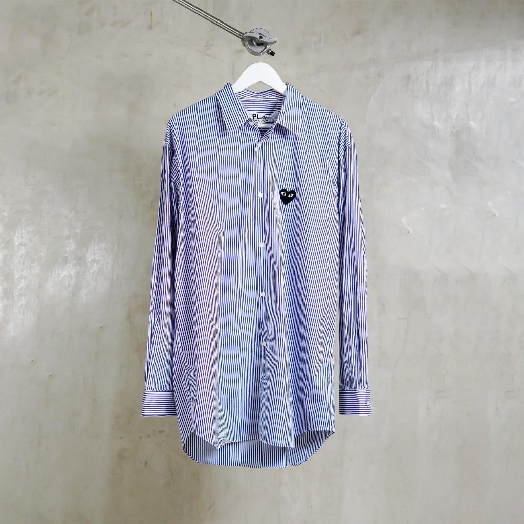 Kemeja CDG PLAY HEART BLACK STRIPE NAVY LONG SHIRT 100% ORIGINAL