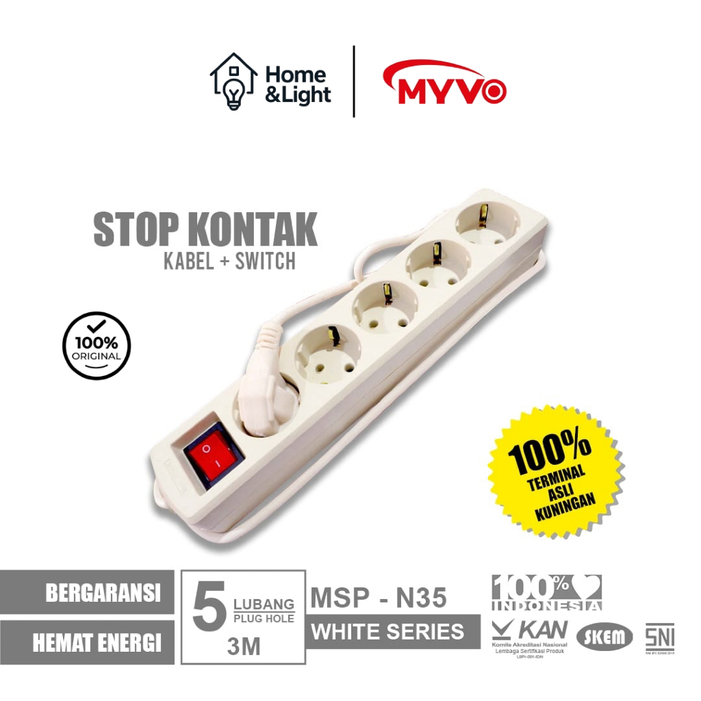 MYVO Stop Kontak 5 Lubang 3 Meter MSP-N35 Putih