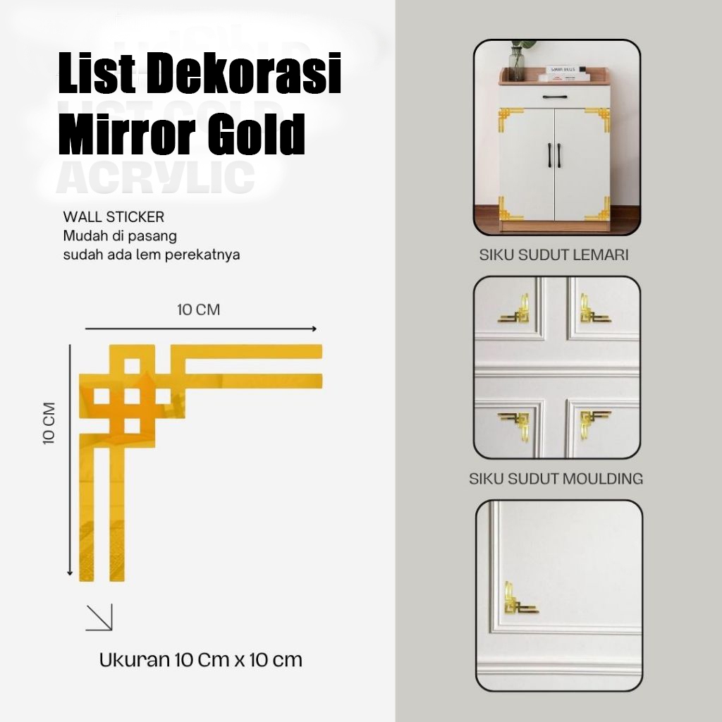List Mirror Wall Sticker Gold Dekorasi Sudut Siku Stiker Dekorasi Motif Strip Hairline Dekor List Mo