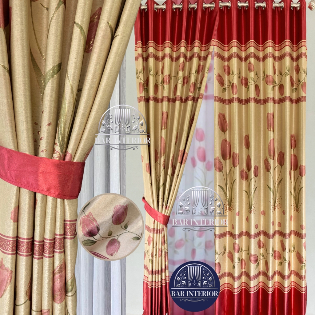 Gorden Jendela Motif Bunga Tulip Kombinasi Merah Gold – Blackout Semi Terang BAR INTERIOR