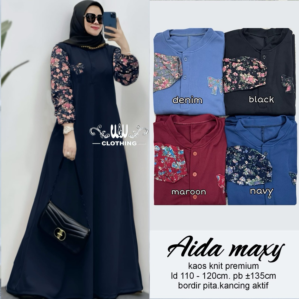 Aida Maxy - Gamis Elegan Kaos Knit Premium Motif Bunga