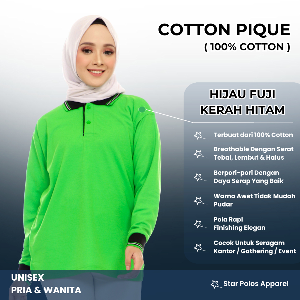 Kaos kerah katun 100% lengan panjang HIJAU FUJI / HIJAU DAUN pria wanita