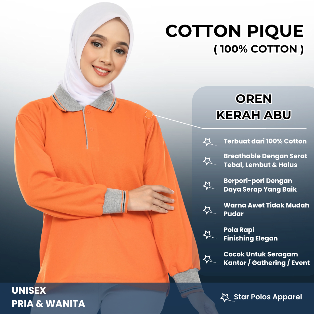 Kaos kerah/ Poloshirt COTTON 100% OREN KOMBINASI lengan panjang wanita pria