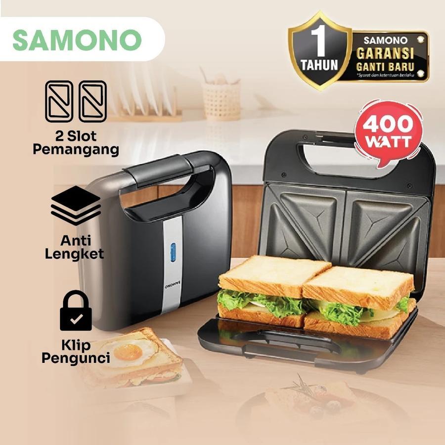 Samono Sandwich Maker Pemanggang Roti Bread Toaster Lipat 2 Slot Low Watt SW-SM400 BATAM