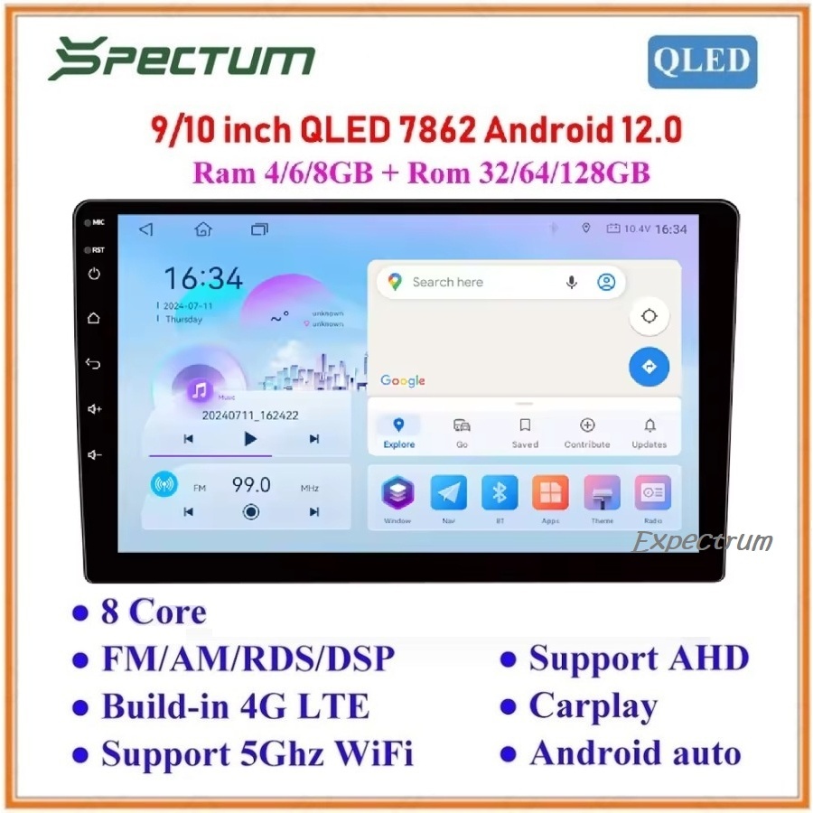 Headunit Android TS10 UIS7862 SPECTUM. QLED DSP 4G GPS BT WIFI, Apple Carplay, Android Auto & Mirrol