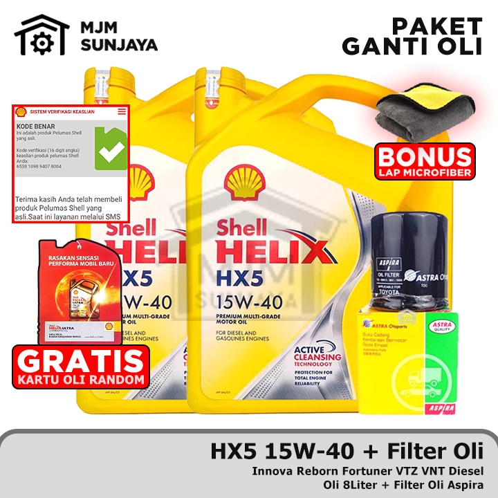 [GRATIS FILTER OLI] PAKET Ganti Oli Mesin Shell Helix HX5 SAE 15W-40 8 Liter ASPIRA Innova Reborn Fo
