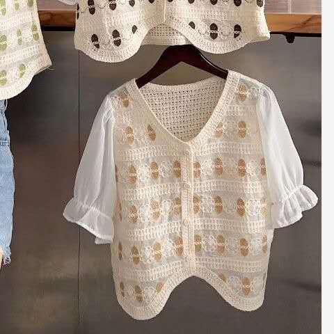 Rompi Rajut Motif Bunga Warna Hijau Putih Gaya Korea