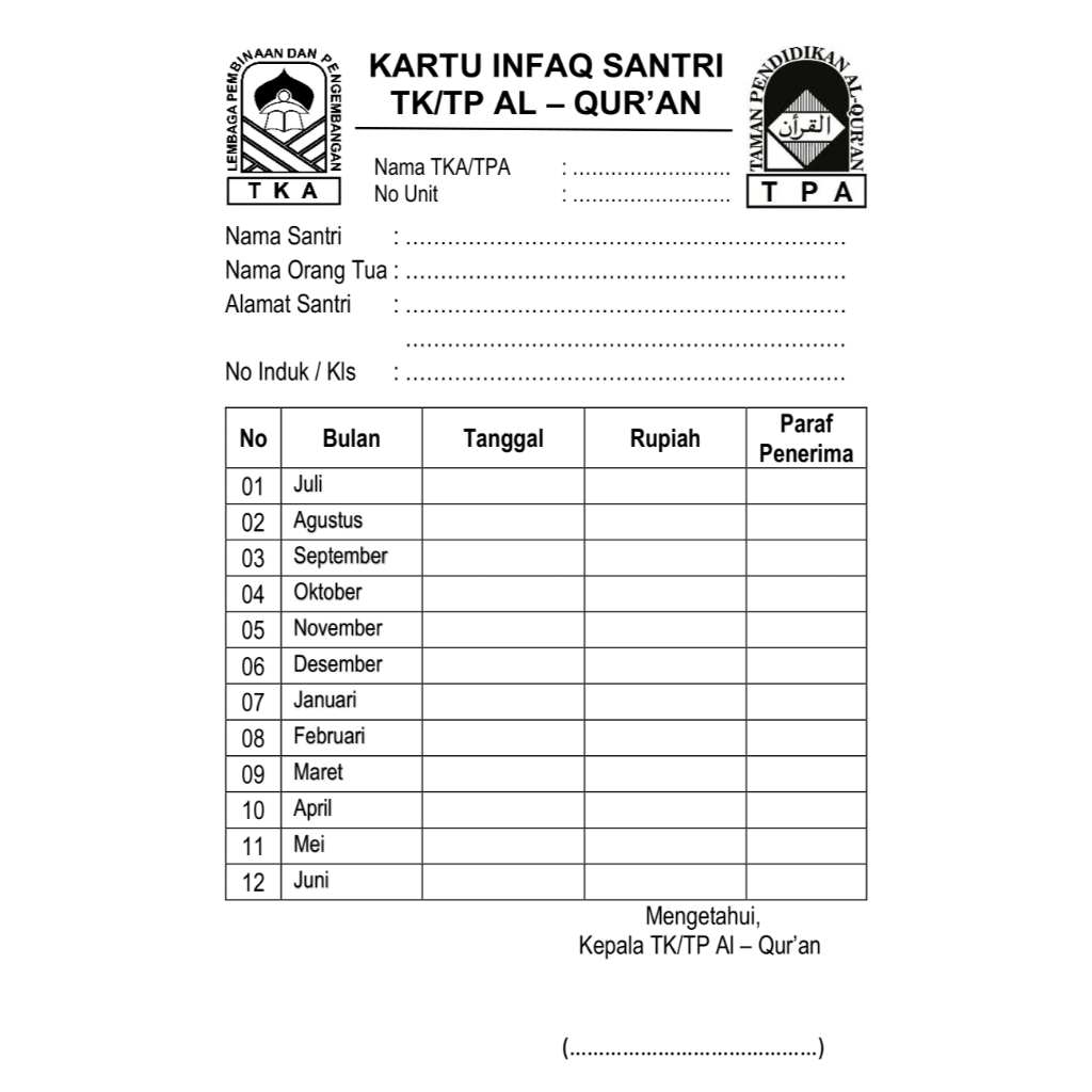 

Kartu Infaq Santri TKA TPA