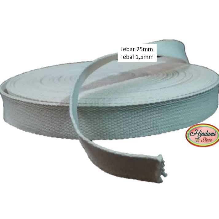 TALI WEBBING LEBAR 2,5 CM TEBAL 1,5 MM KATUN TALI TAS PUTIH TULANG HARGA PER ROLL