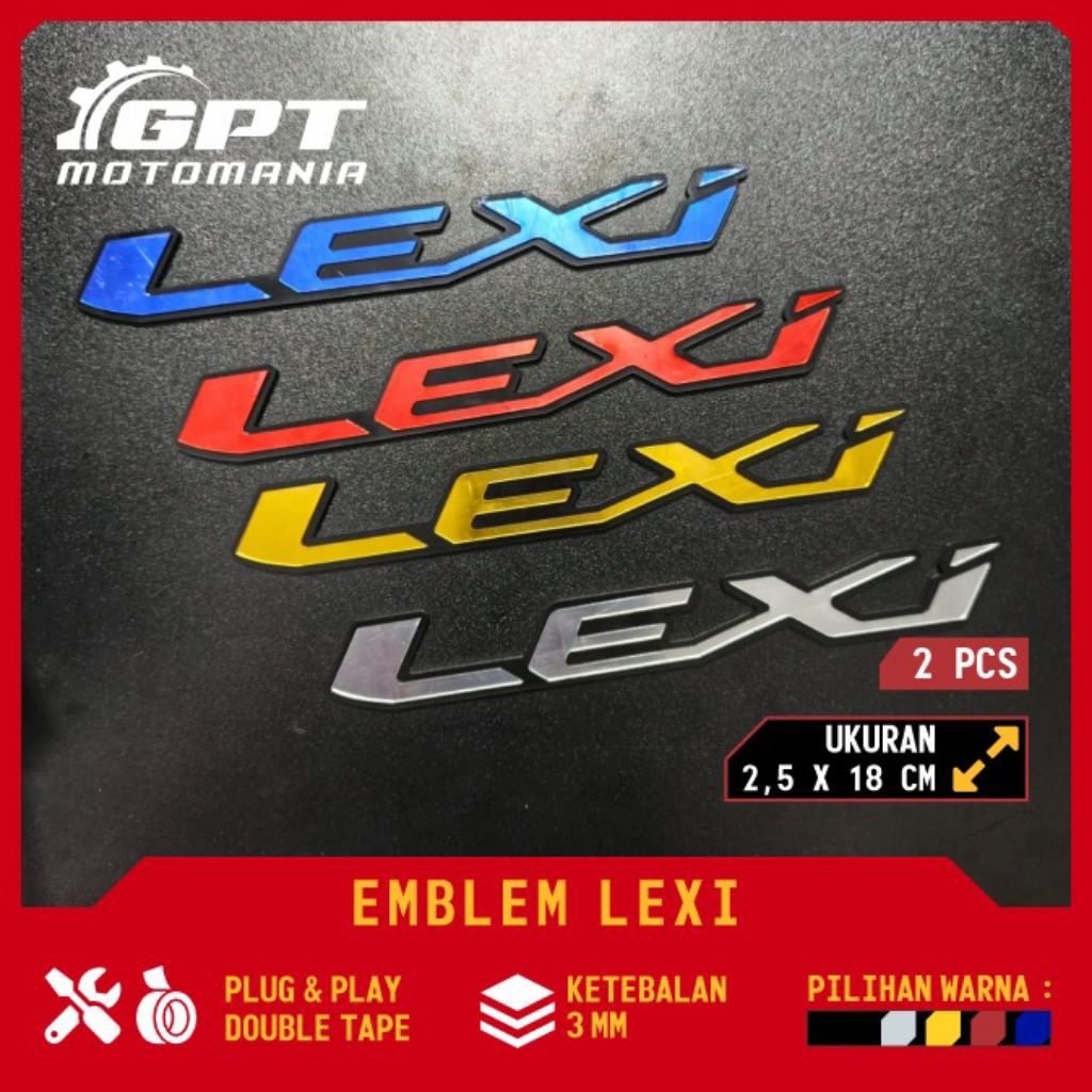 LEXI STIKER AKRILIK MIRROR EMBLEM MOTOR LEXI MERAH BIRU SILVER GOLD
