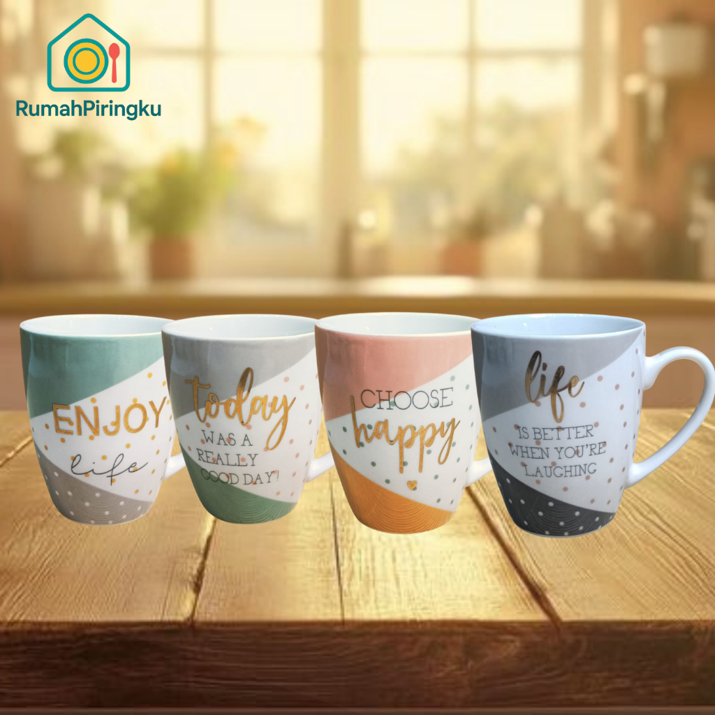 RUMAHPIRINGKU GELAS KERAMIK / GELAS COFFEE / CANGKIR KERAMIK MOTIF HAPPY QUOTES