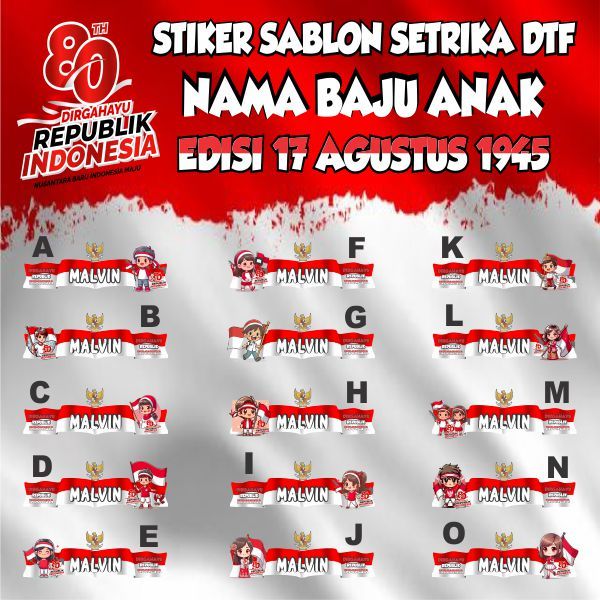 

Sticker Sablon ( 17 AGUSTUS 1945 ) Setrika DTF Stiker Label Nama Baju Karakter Anak Sekolah Pesantren Asrama Name Tag Laundry Sticker