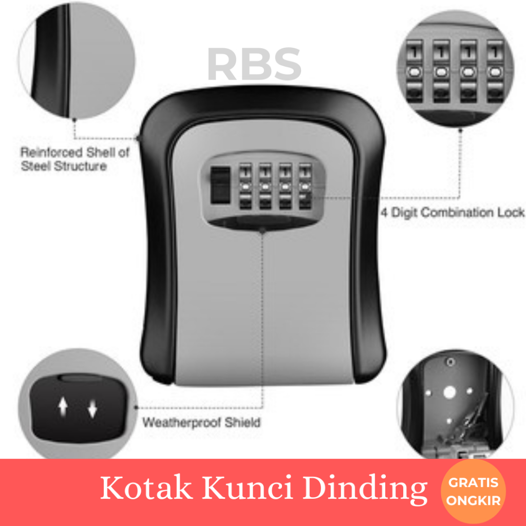 RBS - Key Safe Box 4 Digit/Kotak Kunci Dinding Tahan Air/Brankas Password Outdoor/box Kunci Dinding/