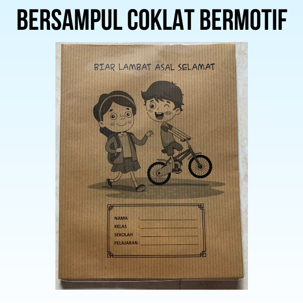 

buku bersampul coklat bermotif/bergambar dan sudah bersampul plastik