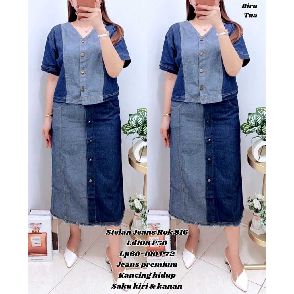 Setelan Rok Jeans Wanita Termurah One set wanita Premium Jeans Full Kancing Setelan Rok Premium Leng