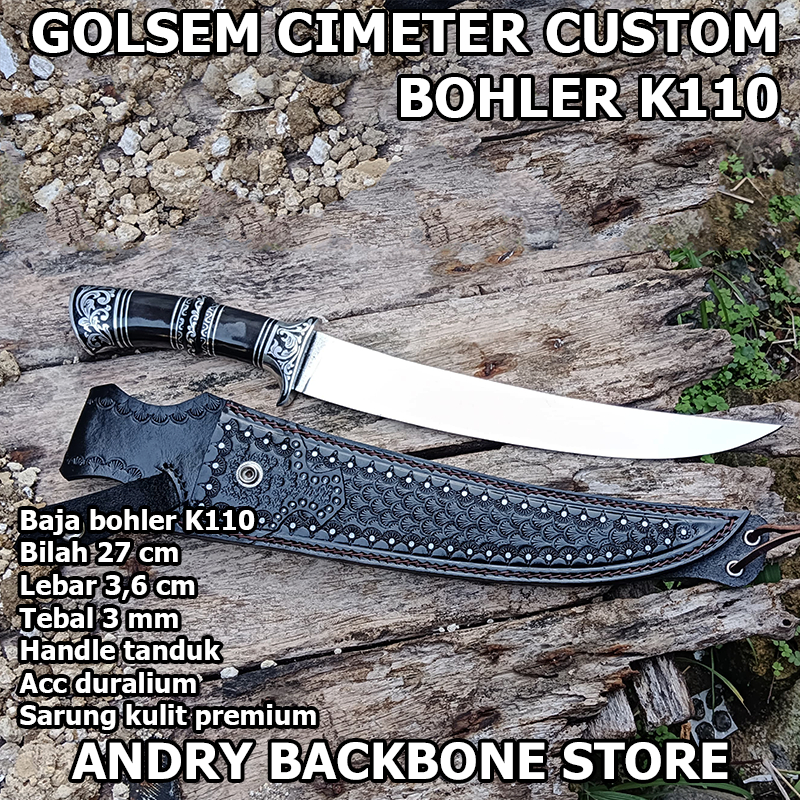 Pisau Custom Outdoor Gaya Cimeter Bohler K110 – Sarung Kulit & Gagang Tanduk