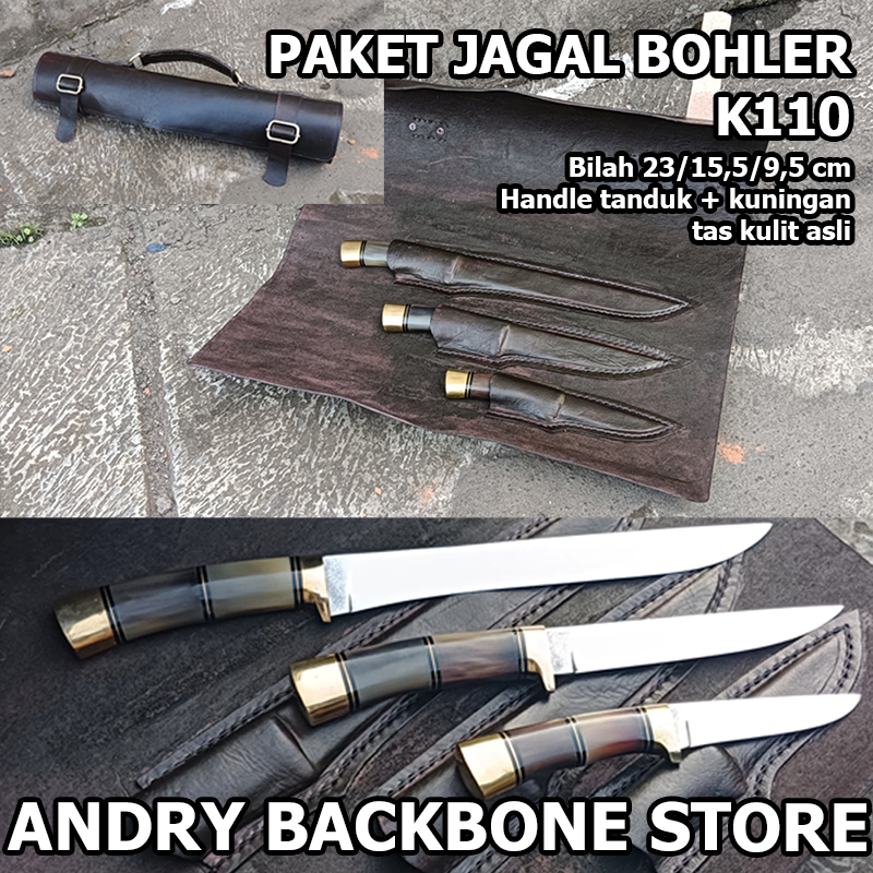 Paket Pisau Dapur Custom Bohler K110 – Handle Tanduk & Tas Kulit Premium