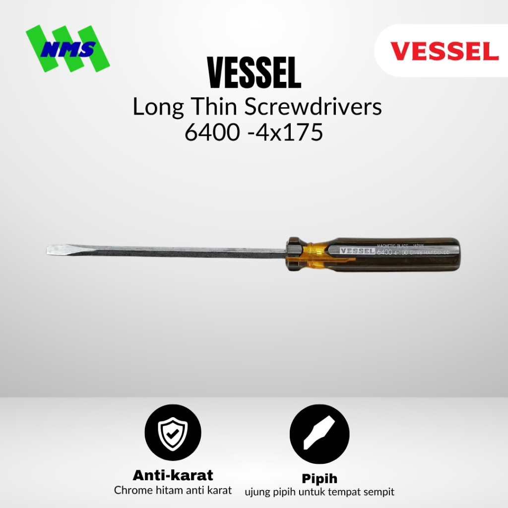 Obeng Minus VESSEL 6400 Long Thin Screwdrivers Magnet Batang Shaft Kecil