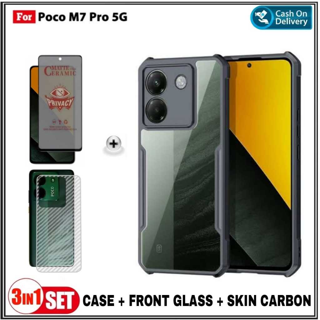 PAKET 3IN1 Case Poco M7 Pro 5G Poco M6 4G Hard Soft Fusion Armor Shockprooft TPU HD Trasnparan Acryl