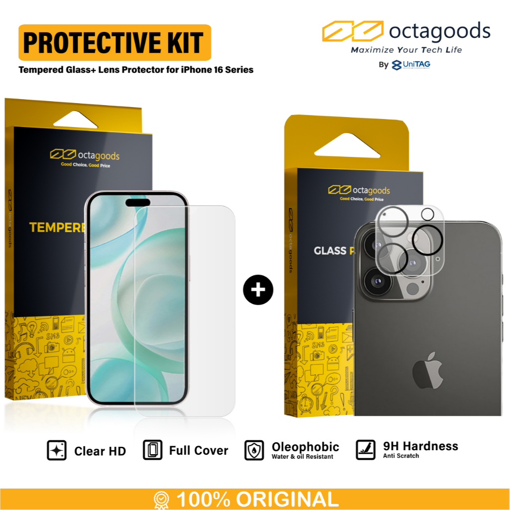Octagoods iPhone 16 / 16 Plus Camera Lens Full Cover - Clear PG7106 + Octagoods iPhone 16 Tempered Glass - Clear PG7415