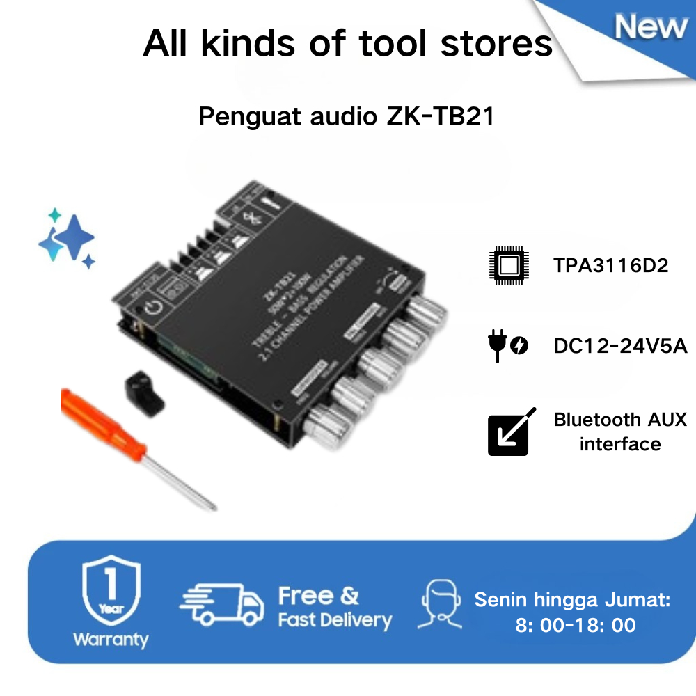 Amplifier ZK-TB21 Bluetooth Super Bass 2.1 Channel Modul TPA3116D2 untuk Subwoofer 50W*2+100W