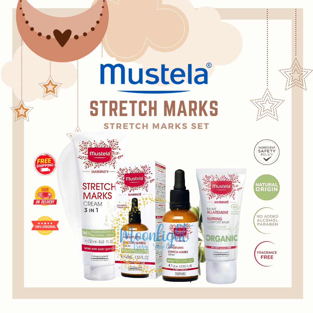 Mustela Stretch Marks Cream 150ml & Serum 45 ml/Nipple Cream 30ml - Krim Pemudar Selulit