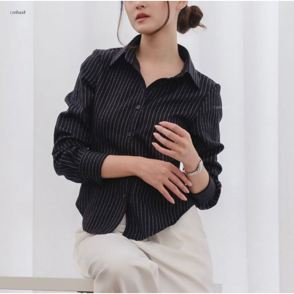 Luna Stripe Basic Premium Kemeja Wanita Salur Korean Style