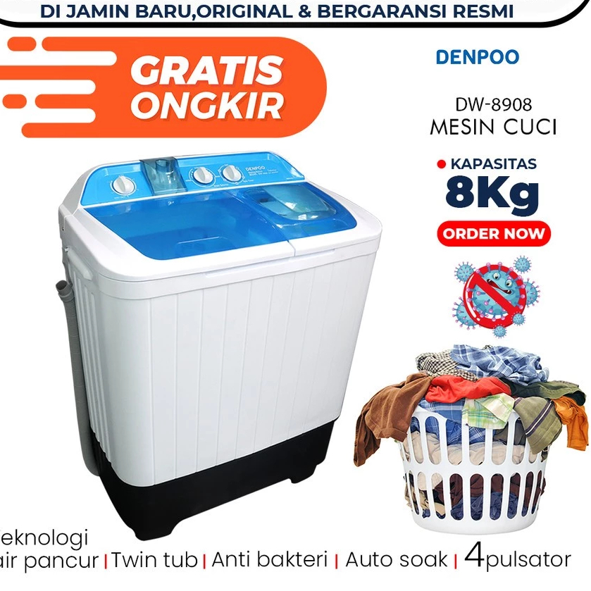 Mesin Cuci 2 Tabung 8 Kg Denpoo New DW 8908 Turbo Pulsator