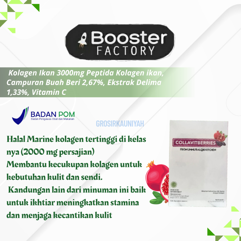 

Collavitberries Booster Factory Colla Berries Minuman Kolagen by Ummu Balqis Collavitberries - Seleros Madu - Mung Beans Mama MB Mama - Booster Factory Ummu Balqis