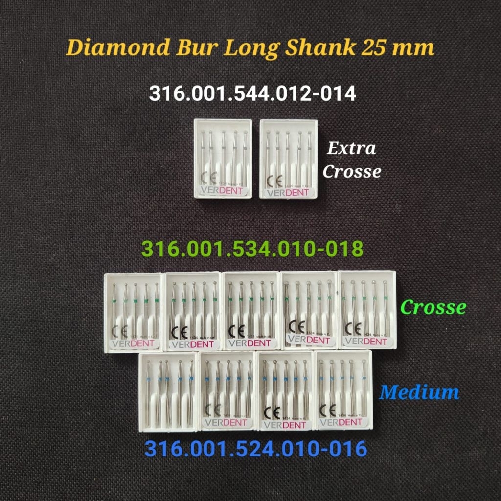 DENTAL BUR VERDENT Long Shank (22 mm) Diamond Round Bur - 001 - isi 5 pcs/Box.