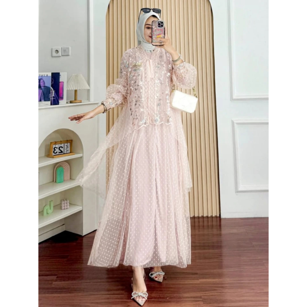 ZAHIRA DRESS PESTA Matt Jersey Mix Brukat Tille Premium Gamis Kondangan Motif Bunga Simpel Dan Mewah