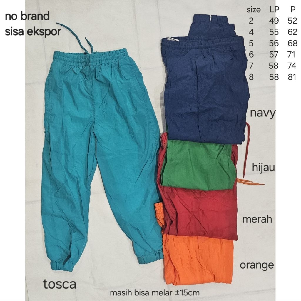 celana training olahraga parasut karet anak remaja laki perempuan merah biru navy tosca hijau orange