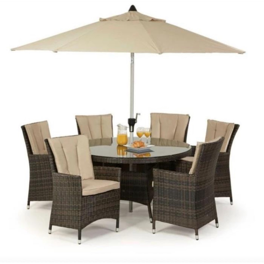 set meja makan payung outdoor 6 kursi rotan sintetis