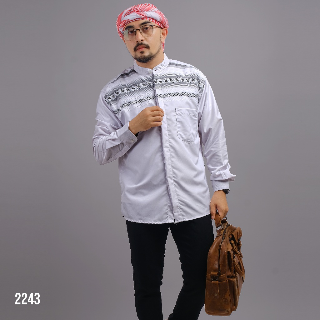 PAKAJI Kemeja Pria Koko Putih Bordir Lengan Panjang Motif Tribal 2243