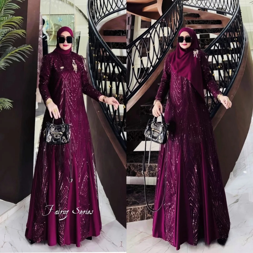 Vania_Fairuz Series Dress Gamis Bahan Ceruty Babydall Mix Tile Spangle Dress Wanita Motif Terbaru