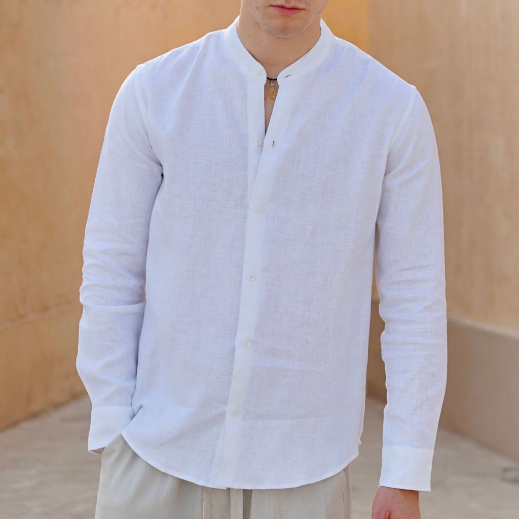 REMEDY Kemeja Linen Pria Lengan Panjang Kerah Koko / Shanghai Pilihan Warna Ungu Muda Krem Putih Bir