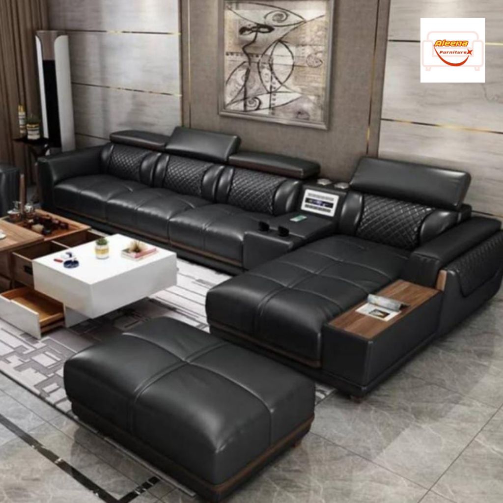 IDEA - Sofa Ruang Tamu Sudut , Minimalis + Puff , Bahan Full Kulit Sintetis Anti Air
