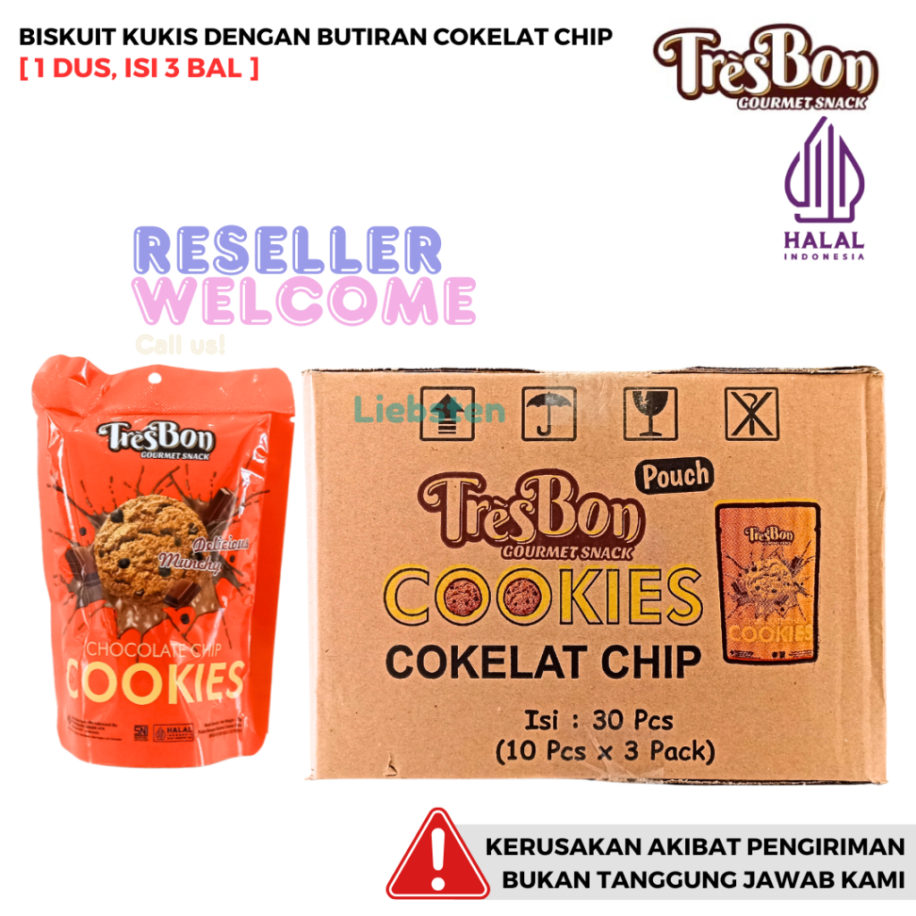 

TRESBON POUCH COOKIES Biskuit Kukis Dengan Butiran Cokelat [1 Dus, Isi 3 Bal]