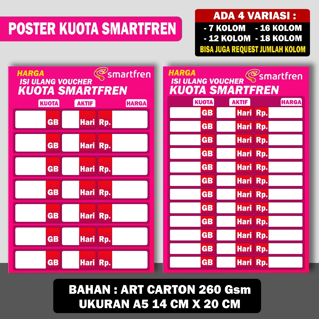 

POSTER KONTER DAFTAR HARGA ISI ULANG KUOTA VOUCHER SMARTFREN (CUSTOM)
