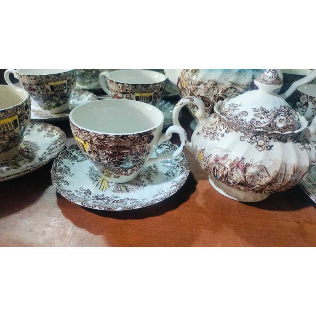 gelas set jhonson brothers seri coacing scenes ( gelas 12, pisin 12, pot teko dan pot gula) antik