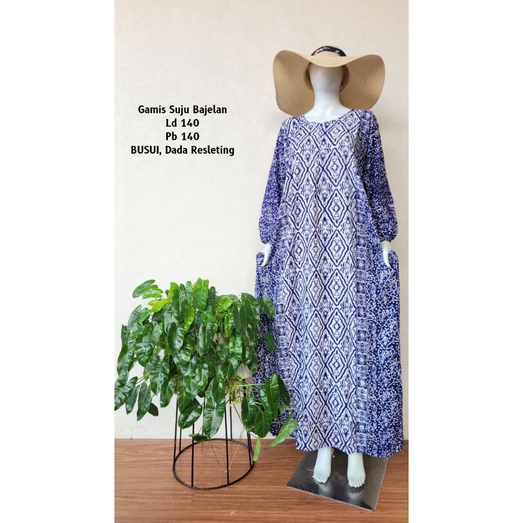 BAJEL NAVY SUJU Gamis Batik Cap Bajelan Super Jumbo Busui Ld 140 Pb 140 Rayon Premium Terbaru Tangan