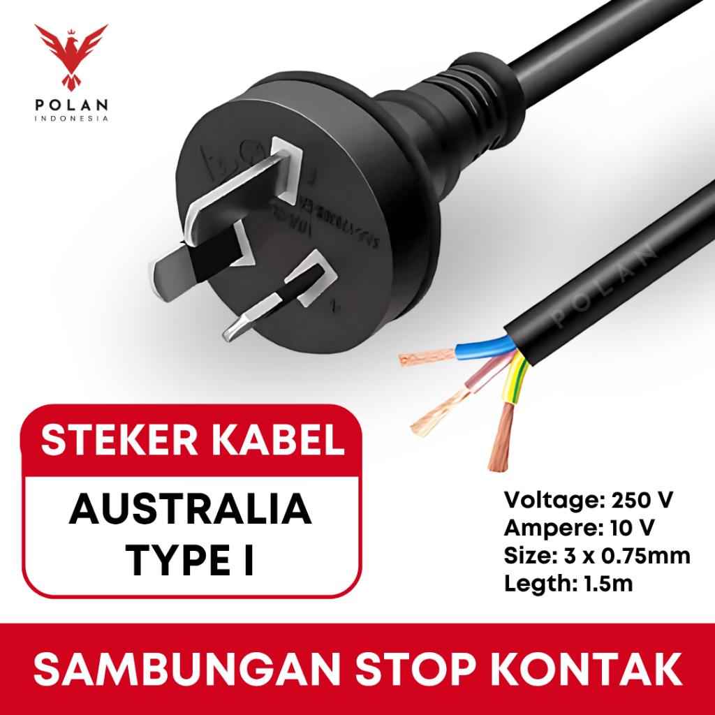STEKER KABEL POWER LISTRIK MODEL AU CN NZ TIPE I AUSTRALIA CHINA SELANDIA BARU