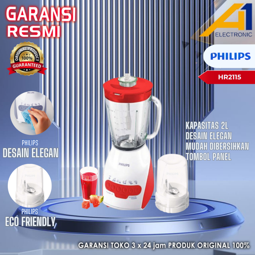 Philips Blender HR2115 / HR2116, 2 Liter Multifungsi 2 in 1 Portabel Berbahan Kaca & Food Grade