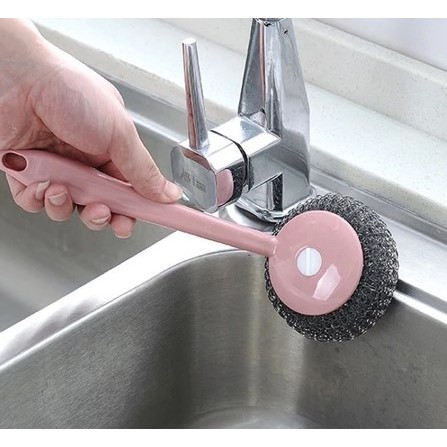 Sikat besi kawat Cuci Panci Bergagang Gagang Panjang Penggosok Pembersih Panci Wajan Table Multifung