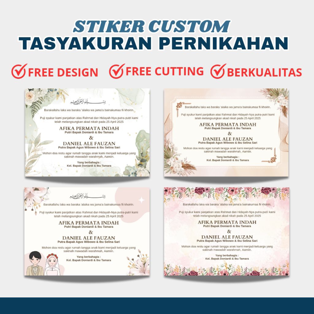 

STIKER TASYAKURAN PERNIKAHAN/WALIMATUL 'URSY FREE DESAIN DAN FOTO SUDAH TERMASUK POTONG / CUTTING BAHAN CHROMO GLOSSY TINGGAL TEMPEL UKURAN 7X10CM DAN 10X14CM