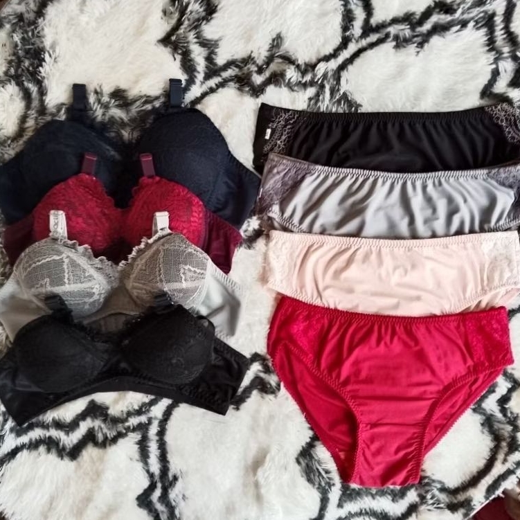 Promo 90rb 3 Bra + 3 Cd ,Bh Renda Brukat Busa Tipis Tanpa Kawat,Cd Renda Segitiga - Spandek Balon, L