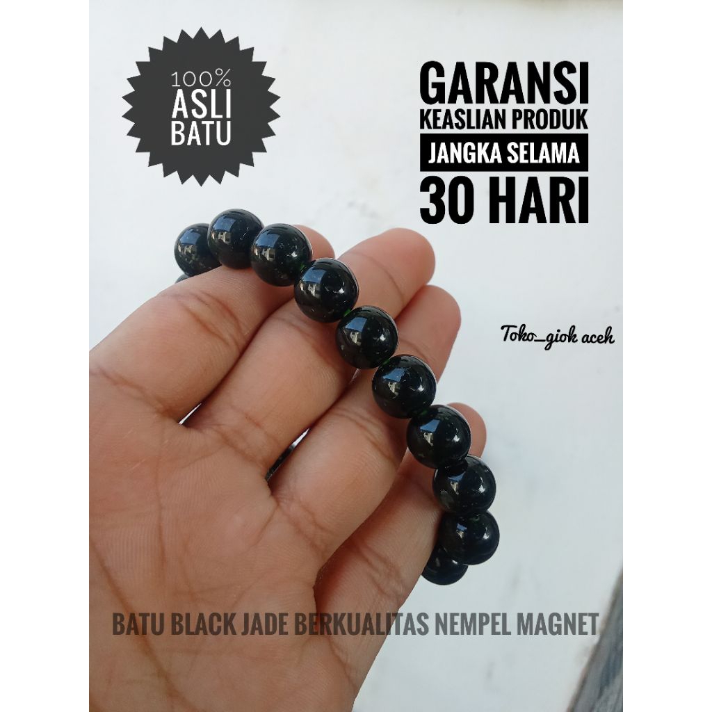 gelang black jade tembus bulat dimensi 12mm original asli aceh