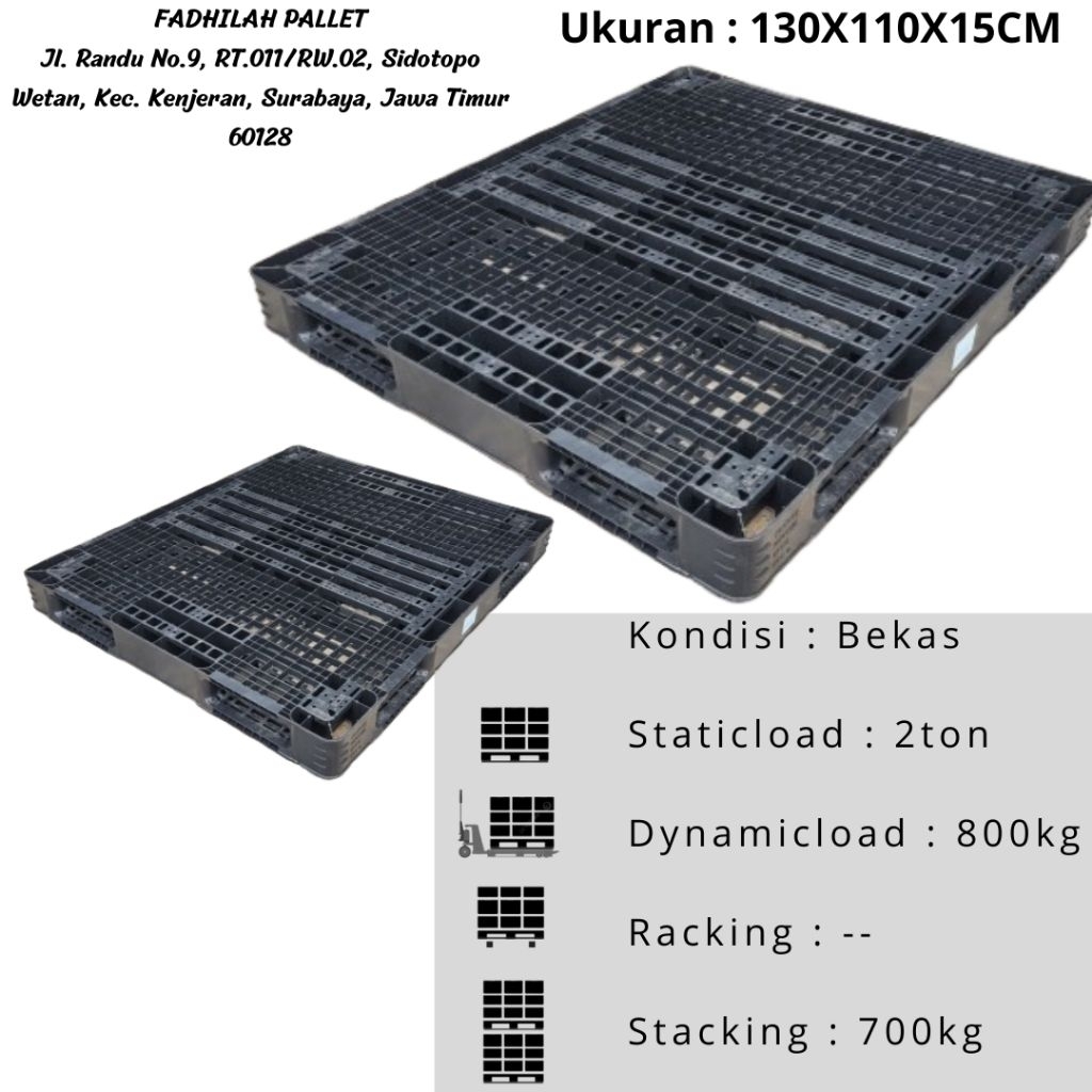 PALLET PLASTIK BEKAS DOBEL UKURAN 110X130X12 UNTUK LANDASAN BARANG PERGUDANGAN DAN LOGISTIK