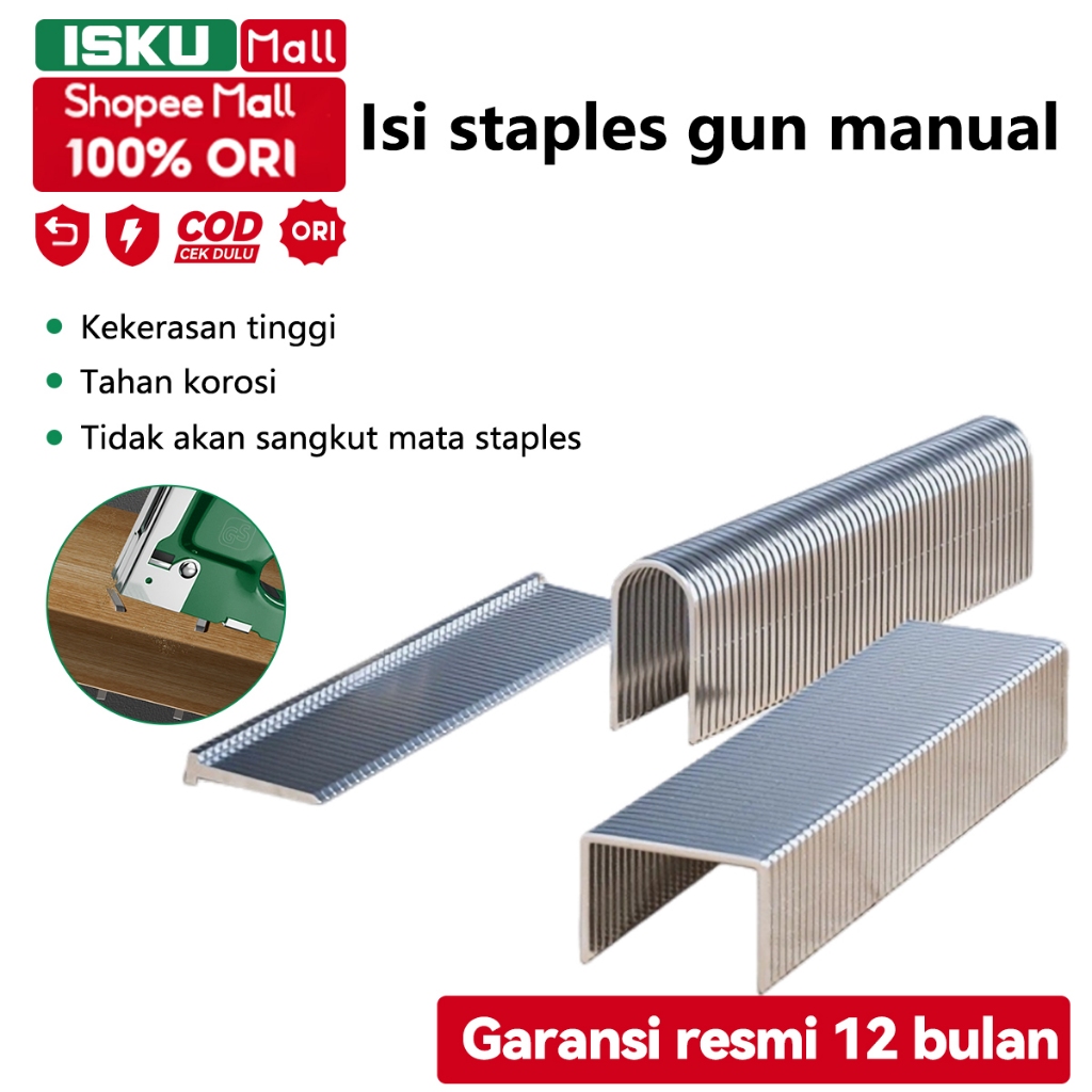 

ISKU Staples Gun Manual/Isi Ulang Refill Staples 1000pcs 1.2*10mm Perkakas Isi Stapless Tembak Gun Tacker